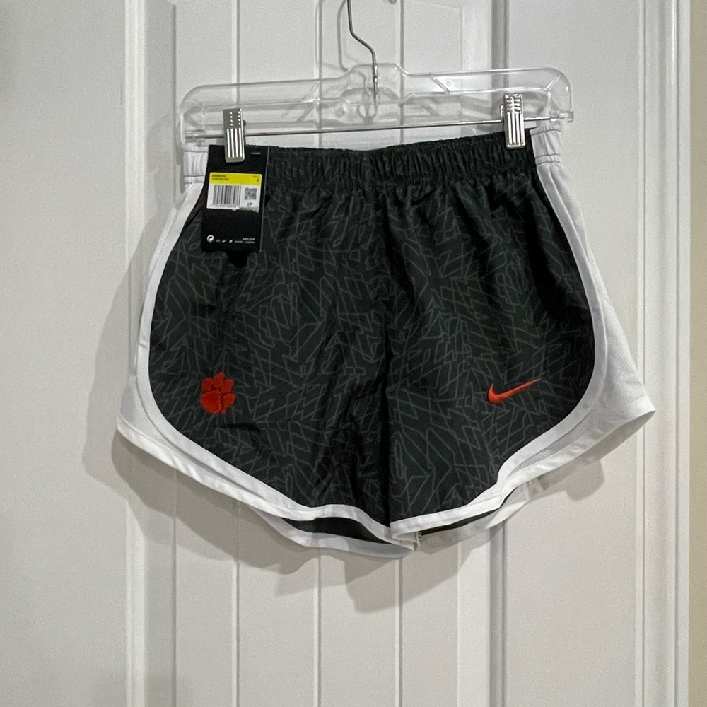 Nike Women's Black and White Clemson Athletic Shorts with Orange Accents